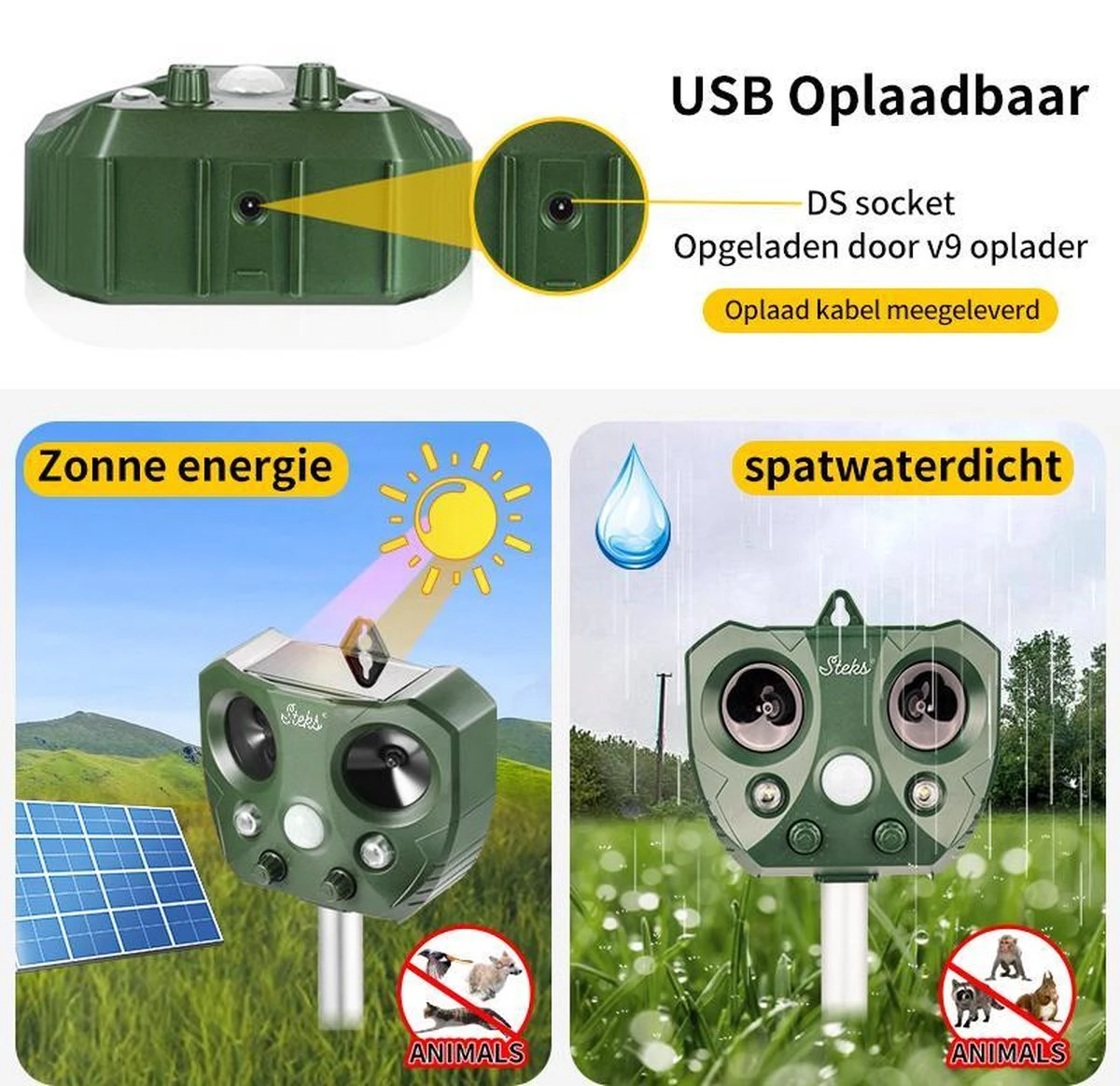 Steks® Ultrasone Kattenverjager - Kattenschrik - Katten Afweermiddel - Zonneenergie - Marterverjager - Op Batterijen - Met Adapter - Tuin - Ongedierte Verjager - Afbeelding 4