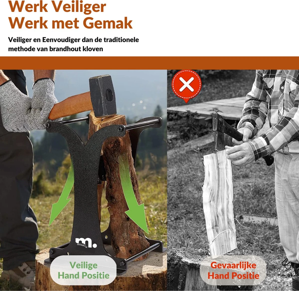 Miseru Houtklover – Zonder Bijl – No Axe – HANDMADE In Holland Houtsplijter – Houtkliever – Houtklover Voor Aanmaakhout – Ook Voor Stammen - Metaal - Afbeelding 3