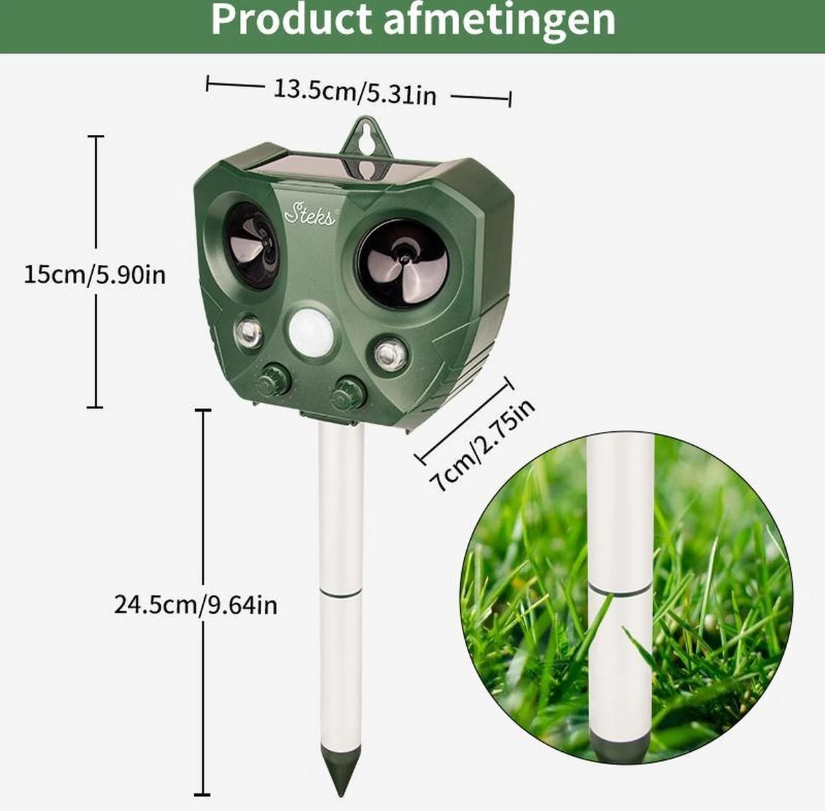Steks® Ultrasone Kattenverjager - Kattenschrik - Katten Afweermiddel - Zonneenergie - Marterverjager - Op Batterijen - Met Adapter - Tuin - Ongedierte Verjager - Afbeelding 3