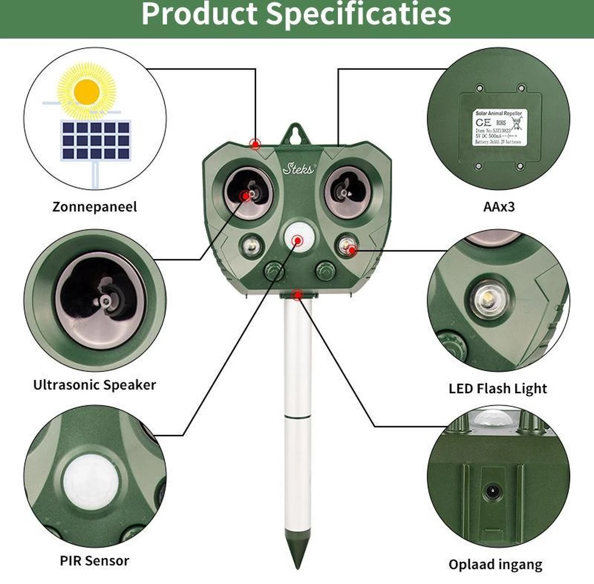 Steks® Ultrasone Kattenverjager - Kattenschrik - Katten Afweermiddel - Zonneenergie - Marterverjager - Op Batterijen - Met Adapter - Tuin - Ongedierte Verjager - Afbeelding 8