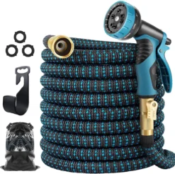 Strex Flexibele Tuinslang 15M Met Sproeikop - Uitrekbaar - Incl. Koppelingen, Ophanghaak & Opbergzak